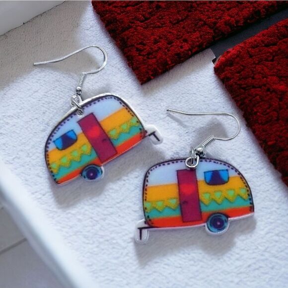 RV Earrings Retro Camper Dangle Drop Jewelry Camping Glamping Vacation Travel - Picture 1 of 5